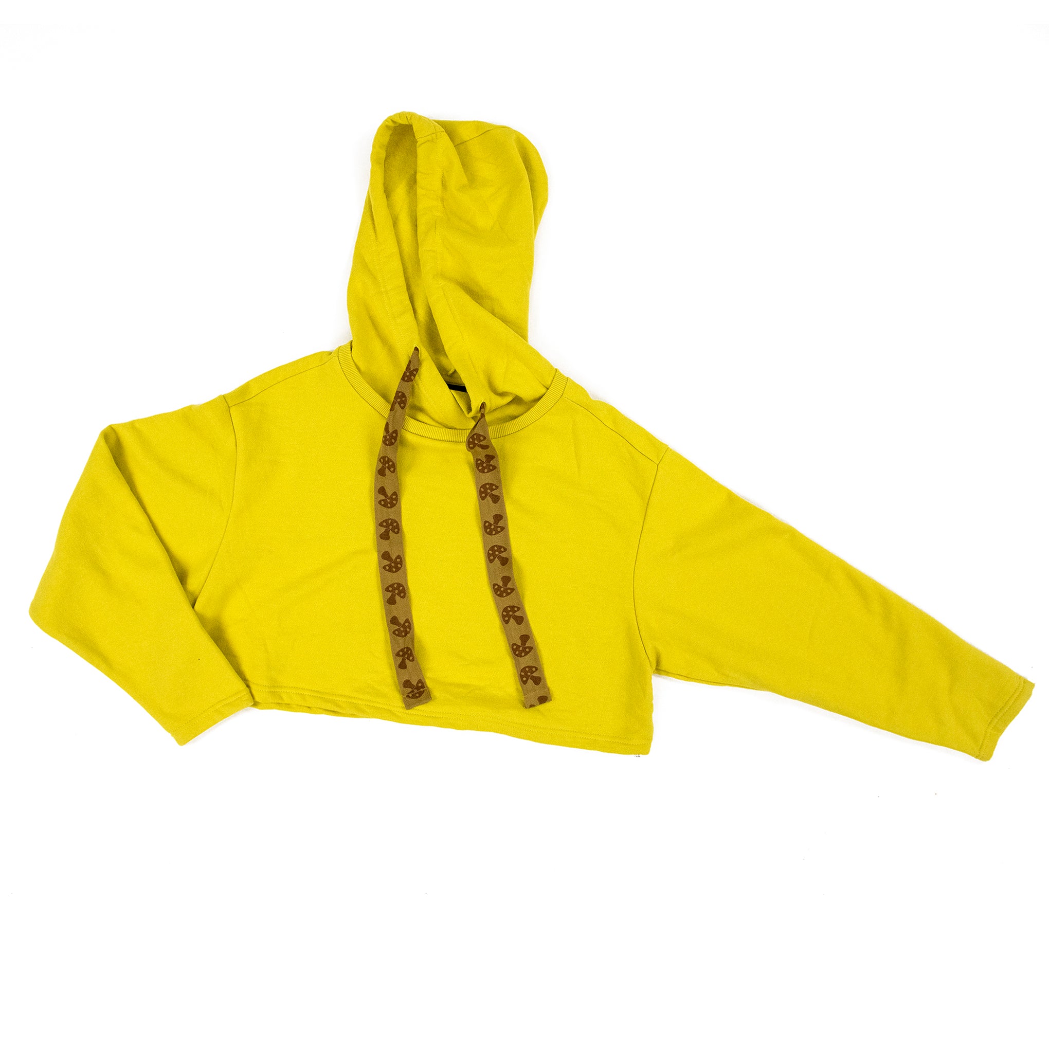 Urban Outfitters Chartreuse Cropped Hoodie with Mushroom Print Drawstring