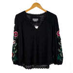 Load image into Gallery viewer, Anthropologie Black Floral Embroidered Sleeve Top
