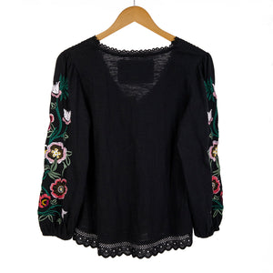 Anthropologie Black Floral Embroidered Sleeve Top